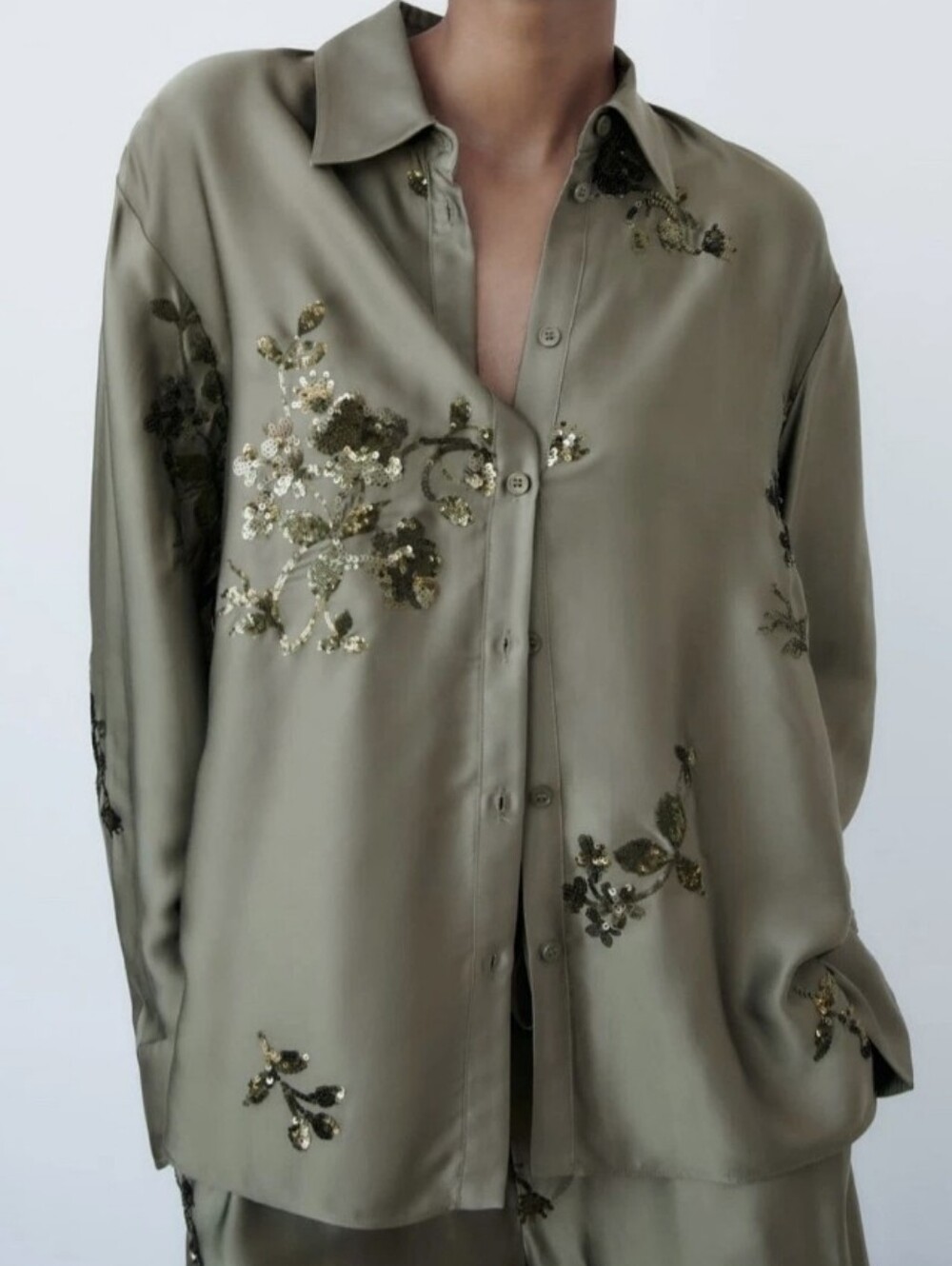 Like New Zara Green Sequin Embellished Button-Up Shirt